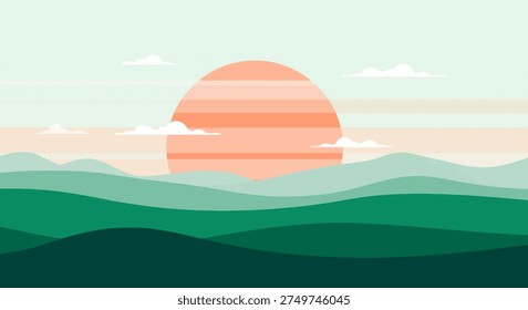 Sunset over hills in minimalist style for backgrounds