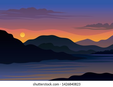 Sunset over the hills and the river. Vector illustration on white background.