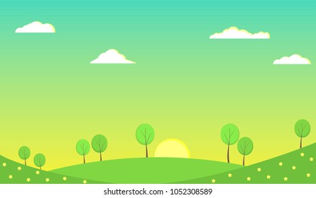 sunset over the hills and trees flat vector illustration