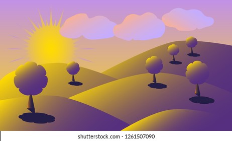 Sunset over the hills. Yellow-purple landscape with hills, trees, sun and clouds.