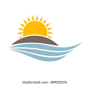 Sunset over island. Vector illustration