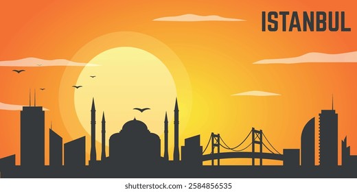 Sunset over istanbul showcasing the city's iconic skyline with historical landmarks and warm hues of evening sky