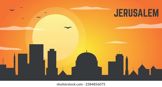 Sunset over Jerusalem showcasing the city's iconic skyline with historical landmarks and warm hues of evening sky