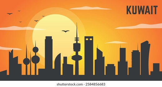 Sunset over Kuwait showcasing the city's iconic skyline with historical landmarks and warm hues of evening sky