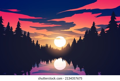 sunset over the lake forest with forest