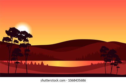 sunset over the lake and forest, vector landscape illustration