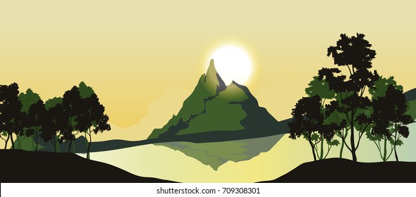 sunset over lakeside mountain and forest
vector landscape of hills, lake and trees