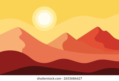 Puesta de sol sobre colinas de montaña desierta en capas ilustración