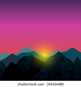 Sunset over low polygonal mountain. Morning or evening sky.