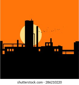 Sunset over Lower factory,Vector Illustration.