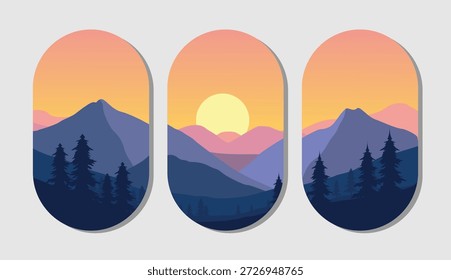 Sunset over majestic mountain range with silhouetted trees