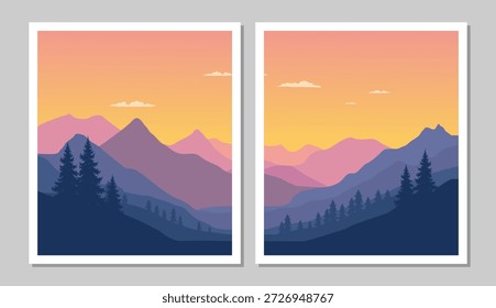 Sunset over majestic mountain range with silhouetted trees