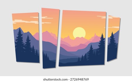 Sunset over majestic mountain range with silhouetted trees