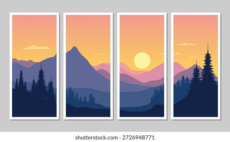 Sunset over majestic mountain range with silhouetted trees