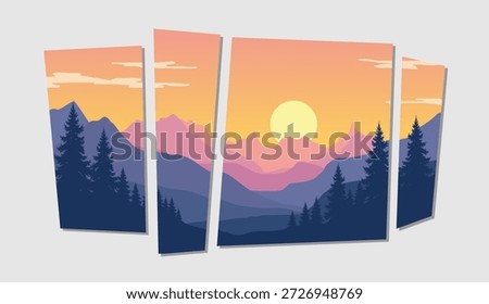 Sunset over majestic mountain range with silhouetted trees