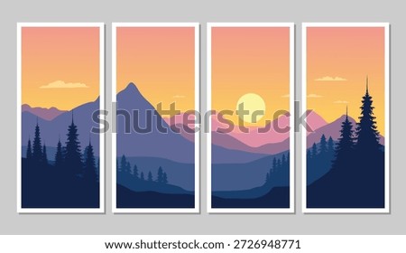 Sunset over majestic mountain range with silhouetted trees