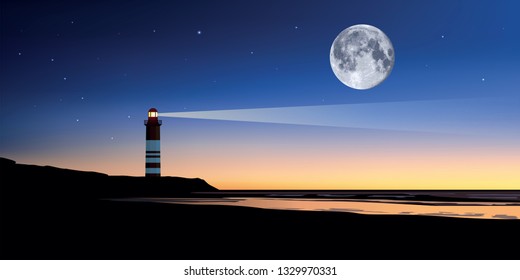 Sunset over a maritime panorama, showing a moonlit lighthouse, which illuminates the ocean to the horizon to guide fishing vessels.