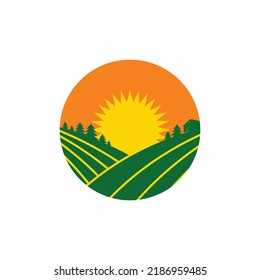 Sunset over the meadows. Vector illustration. Logo concept. 2d flat. White isolated background. Round shape