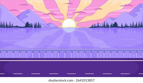 Sunset over mountain lake with roadside flat illustration background. Twilight summer road. Sun rays across water, lakeside highway dusk sky 2D cartoon lofi backdrop. Colorful scene vector art image