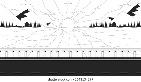 Sunset over mountain lake with roadside line illustration backdrop. Twilight summer road. Sun rays across water, lakeside highway dusk sky 2D ink outline monochrome lo-fi background. Lineart vector