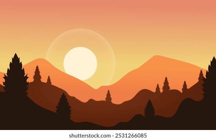 Pôr do sol sobre a paisagem da montanha com árvores silhuetadas, Pôr do sol dourado atrás das montanhas e pinheiros, Silhueta da montanha ao pôr do sol com tons quentes Ilustração da natureza, Design plano