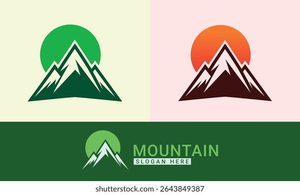 Puesta del sol sobre el diseño del logotipo de la montaña