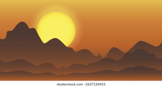 Sunset over a mountainous landscape. The sun, which is bright yellow in color, is sinking below the horizon, creating warm orange and yellow hues in the sky.