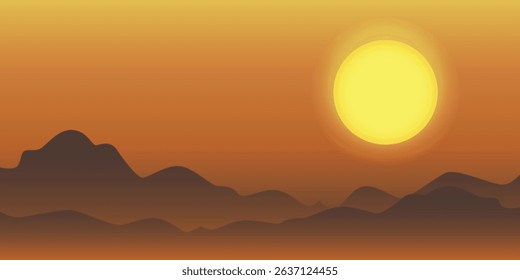 Sunset over a mountainous landscape. The sun, which is bright yellow in color, is sinking below the horizon, creating warm orange and yellow hues in the sky.