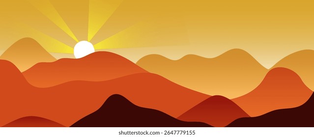 Sunset over the mountains, flat style. Evening sun over the mountain hill, warm yellow light and cliff silhouette. Hand drawn illustration. vector