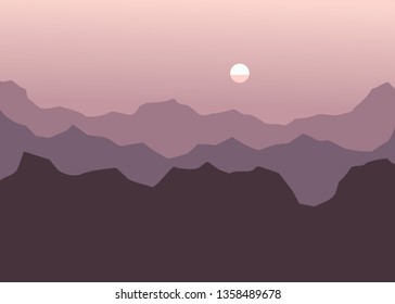 sunset over the mountains on a background of lilac sky