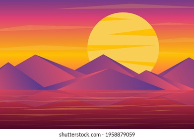 Sunset over mountains peaks landscape background in flat style. Huge sun over rock range, reflection in sea or ocean water, purple light after sunset. Nature scenery. Vector illustration of web banner