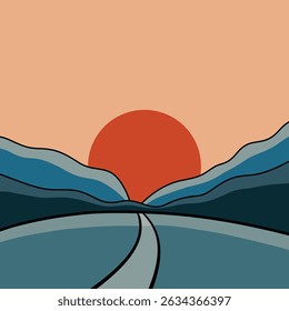 Sunset over the mountains with a road in a minimalist style design illustration
