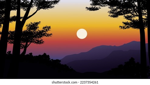 Sunset over the mountains with trees in silhouette. Vector landscape illustration