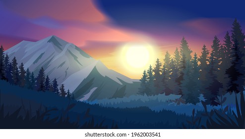 La puesta de sol sobre las montañas. Ilustración vectorial.