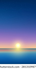 Sunset over ocean background with starry night and gradient sky vector illustration for mobile wallpaper or minimalist summer banner design starting with a beautiful sun on the horizon
