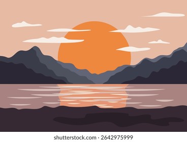 Pôr do sol sobre a baía oceânica com silhueta de montanha, uma ilustração serena paisagem para relaxamento e design de fundo calmo.