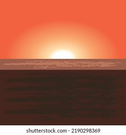 Atardecer sobre el Océano - Brillante puesta de sol naranja sobre el hermoso agua azul. Temprano por la mañana amanecer sobre el mar . Unas nubes. Ilustración vectorial brillante.
