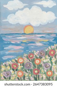 Puesta del sol sobre el océano con flores