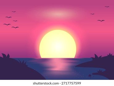 Sunset over the ocean in neon style with retrofuturistic gradient.