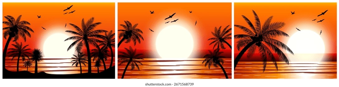 Sonnenuntergang über dem Ozean mit Palmensilhouette und fliegenden Vögeln. Tropische Strandlandschaft. Sommerurlaub Urlaubskonzept für Reiseplakat.