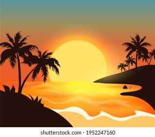sunset over the ocean, palm trees in the shade, vacation by the sea.vector