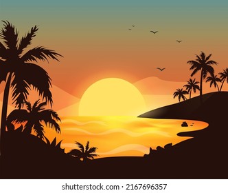 sunset over the ocean, palm trees in the shade, vacation by the sea.vector