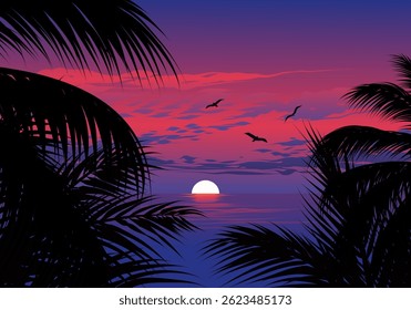 Um pôr do sol sobre o oceano com palmeiras ao fundo. O céu é uma mistura de roxo e azul, e o sol está se pondo à distância. Os pássaros voando no céu contribuem para a paz