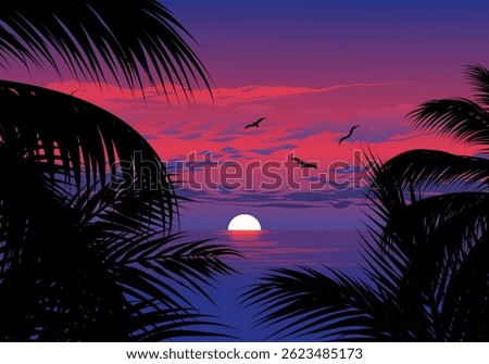A sunset over the ocean with palm trees in the background. The sky is a mix of purple and blue, and the sun is setting in the distance. The birds flying in the sky add to the peaceful