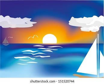 Sunset over ocean with sailing boat. Vector illustration, background made with mesh grid