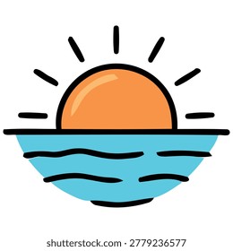 Sunset over ocean, sea horizon, sun rays, summer evening, sunrise concept.