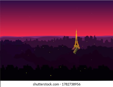 Sunset over Paris, the cultural capital. Eiffel tower icon or symbol on dark background among city lights.  Love is in the air, romance and anticipation concept.