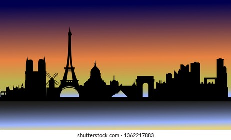 Sonnenuntergang über Paris in Silhouette. Die strengen Linien der historischen Stadt der Liebhaber bei Sonnenuntergang. Eine schöne Vektorillustration ist als Hintergrund für das Web oder als Hintergrund für Postkarten geeignet.