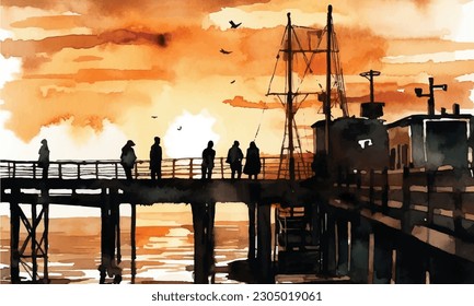 Sunset over the river and ship watercolor painting Abstract background. 