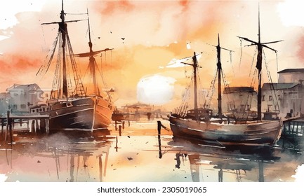 Sunset over the river and ship watercolor painting Abstract background. 